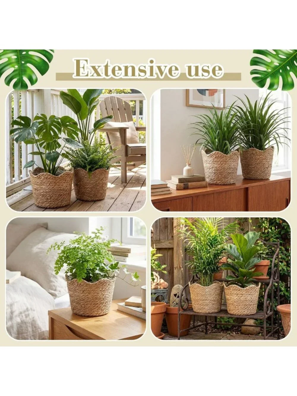 4 Large Seagrass Planter Baskets with Plastic Lining - Woven Storage Bins for